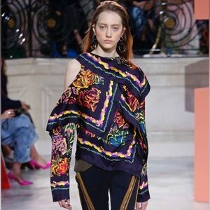 Peter Pilotto Silk Floral Top Size 2 Purple Asymmetric Scarf Blouse colorful